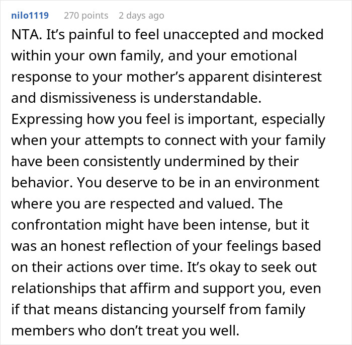 Comment addressing feelings of being unaccepted and familial tension, related to mom-relationship-drama.