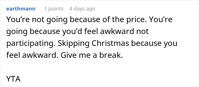 Reddit comment about skipping Christmas due to the high cost of a white elephant gift, addressing awkwardness.