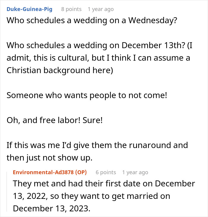 Comments discussing unconventional wedding planning by a family, highlighting their audacity.