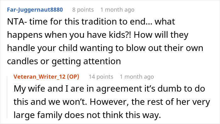 Comments discussing kids blowing out candles at parties; uncle feels uncomfortable with the tradition.