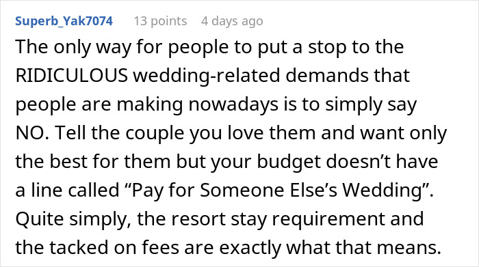 Text discussing groomsman struggles to afford destination wedding costs and suggesting to say no to demands.