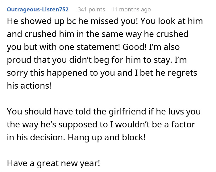 Text about ex-husband's regret after a comment from his ex-wife, highlighting emotional impact and relationship dynamics.