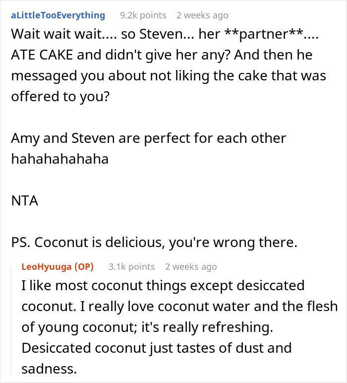 Text exchange humorously discussing cake and coconut preferences at a birthday party.