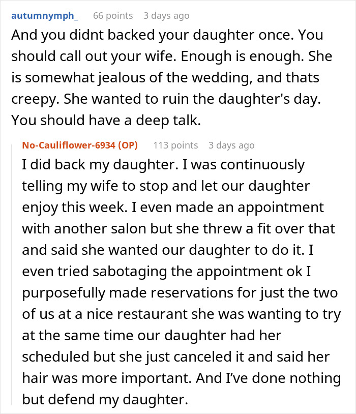 Reddit comments discussing a mother's demands about her daughter's wedding hair, causing family conflict.