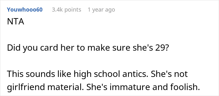 Reddit comment questioning maturity in girlfriend after lying test.