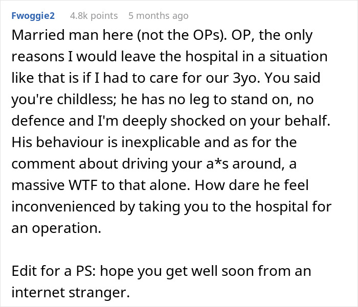 Reddit comment criticizing a husband's behavior for leaving his wife during surgery.