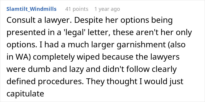 Reddit comment discussing employer demands and overpayment issues with legal advice recommendations.