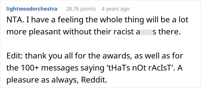 Reddit comment discussing a bride banning parents for mocking her fiancé’s tradition.