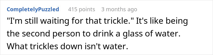 Text of a comment humorously criticizing the concept of trickle-down effects, gaining 415 points on an online platform.