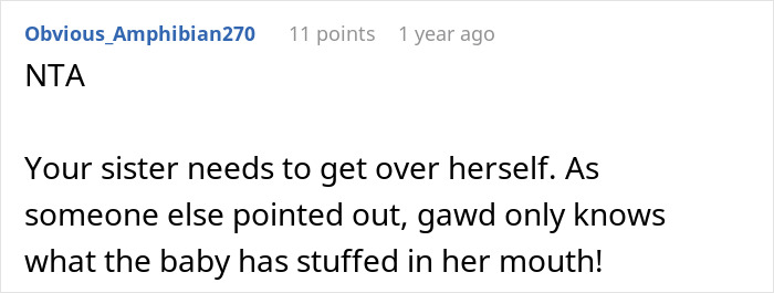 Reddit comment discussing a sister's reaction to a baby's behavior, highlighting a playful tone.