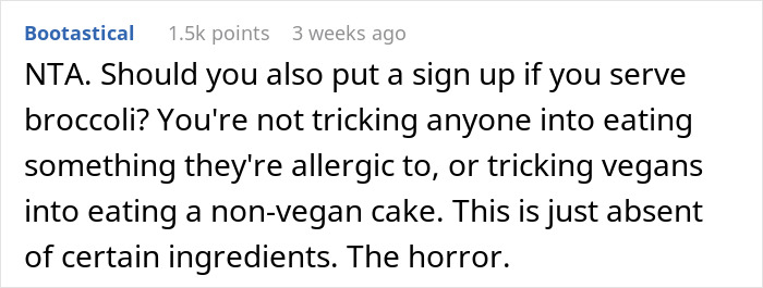 Text comment discussing cake labeling at a wedding.