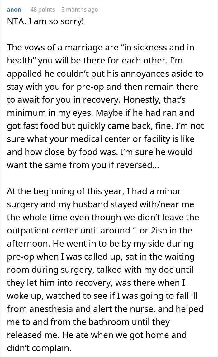 Text exchange about husband leaving wife during surgery, user shares similar experience.