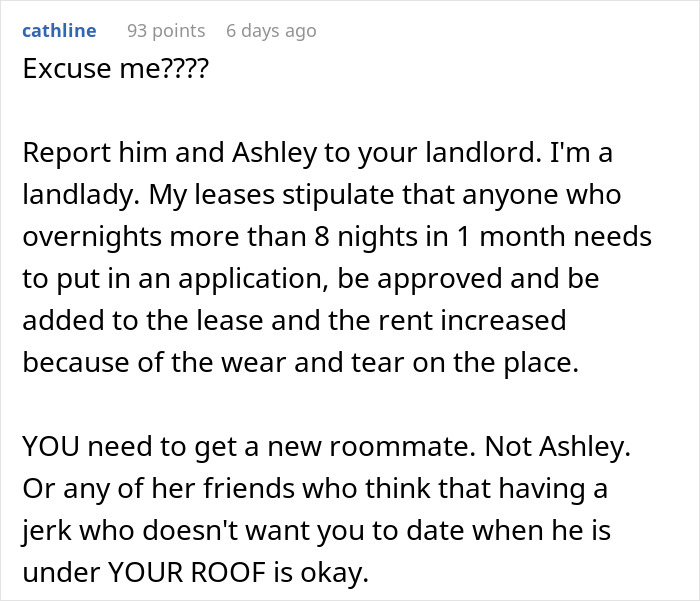 Text exchange showing a woman refusing to let roommate's boyfriend move in and discussing lease rules.