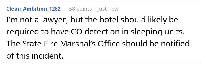 Comment discussing hotel safety, CO detection, and notifying authorities.