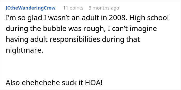 Text comment criticizing HOA with humor and relief for not having adult responsibilities during 2008 crisis.