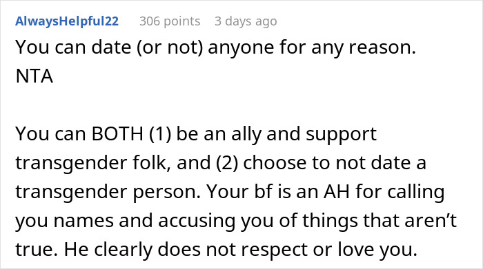 Text response discussing refusing dating boyfriend over trans issues, emphasizing personal choice and respect in relationships.