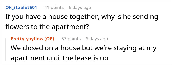 Reddit comment about sending flowers to an apartment, discussion on living arrangements.