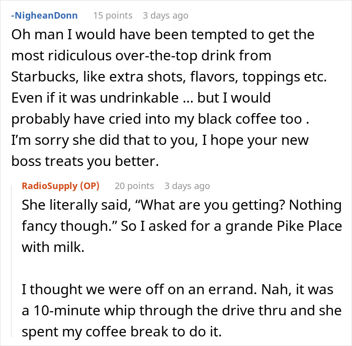 Text conversation about Secret Santa gift exchange involving a boss and coffee order mishap.