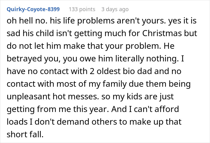 Text from a forum post discussing not giving a Christmas gift to an ex's affair child; highlights personal boundaries.