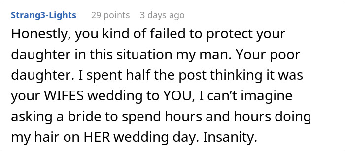 Comment discussing a woman's demands about hair on her daughter's wedding day.