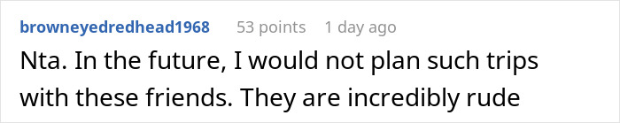 Reddit comment criticizing friends for disrupting a traveler's Japan trip plans.