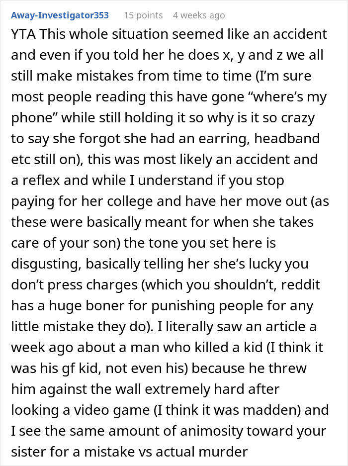 Online comment discussing refusing pay sister's college over toddler's concussion.