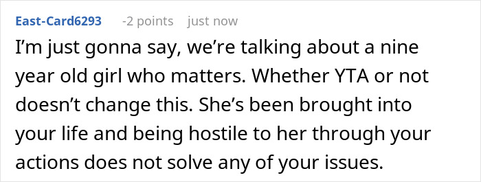 Text comment discussing the importance of treating a nine-year-old girl kindly despite family issues.