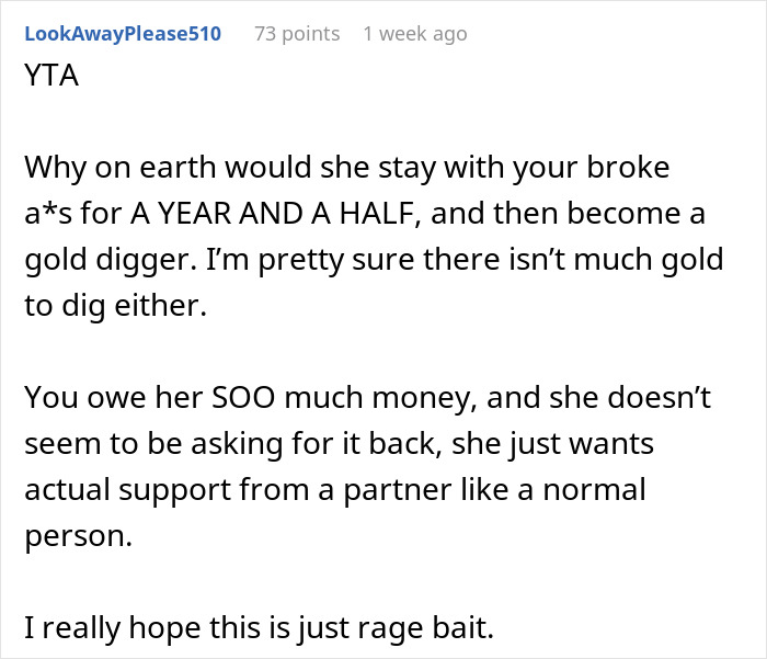 Reddit comment criticizing a boyfriend lacking self-awareness, supported financially by his girlfriend.