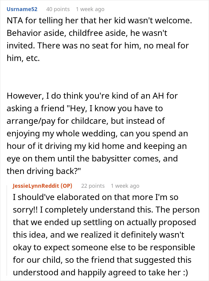 Reddit thread discussing bride's decision to bring her child to a child-free wedding, sparking debate among friends.