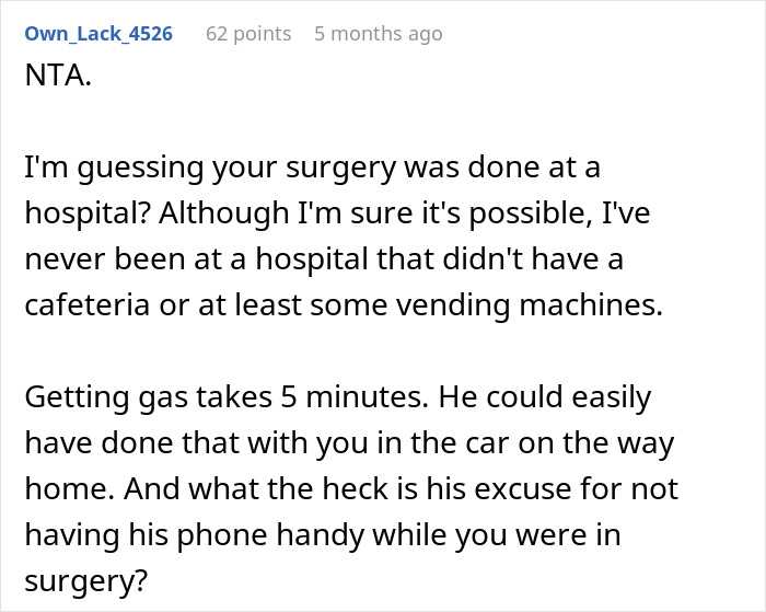 Reddit comment discussing husband being defensive after leaving wife during surgery.