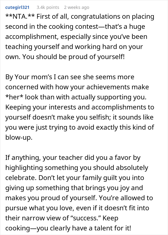 Mom Disappointed Daughter Thinks Winning Cooking Contest Is An Achievement