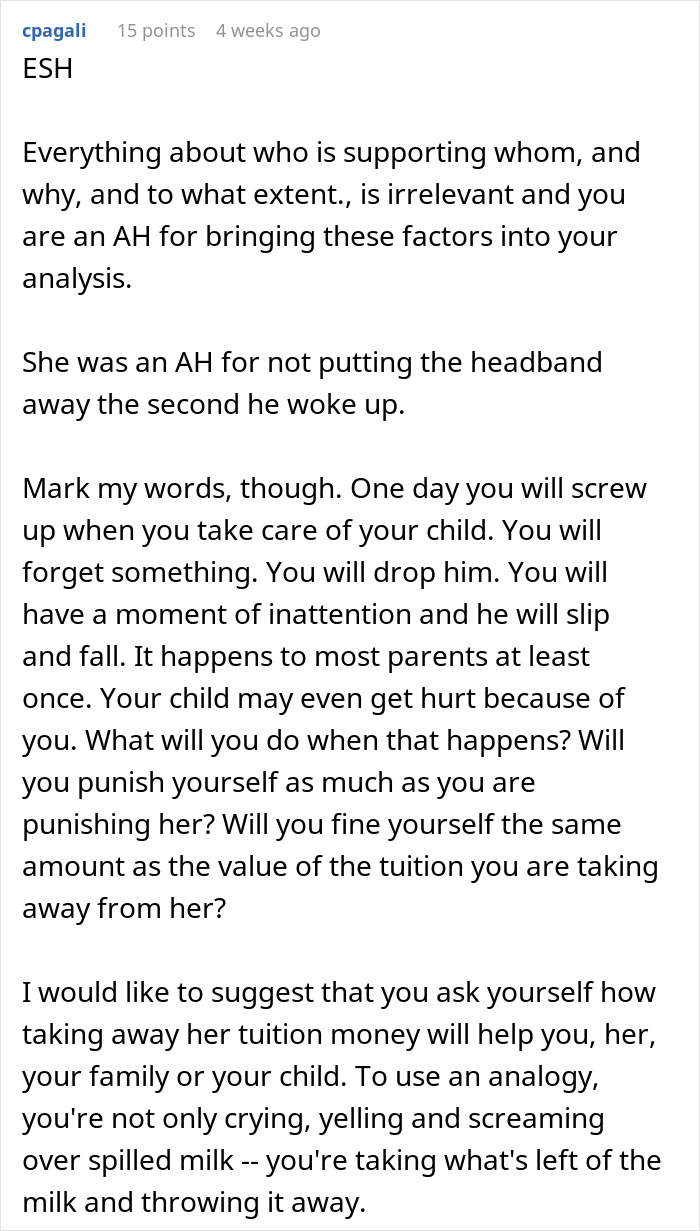 Reddit comment discussing refusing to pay sister's college due to toddler's concussion incident.