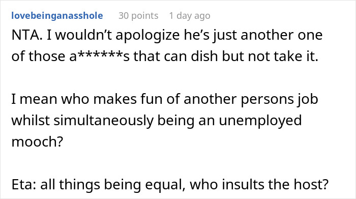 User comment discussing refusal of sibling's boyfriend for Christmas dinner due to his behavior.