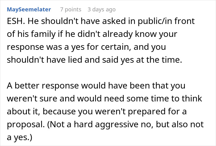 Comment discussing public proposal and private refusal advice.