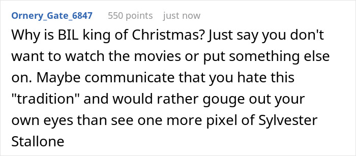 Text from a comment discussing dislike for brother Rocky movie tradition during Christmas.