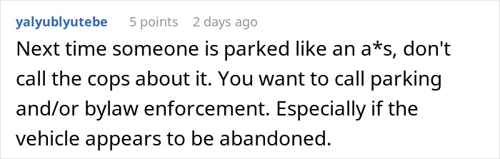 Comment discussing alternatives to calling police for illegal parking issues.