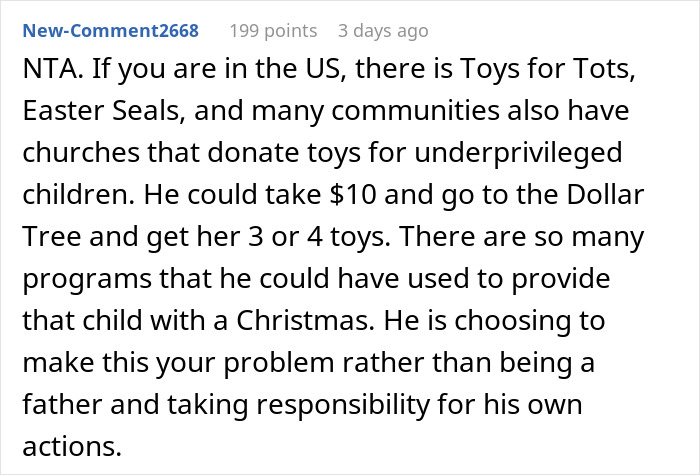 Text response discussing options like Toys for Tots and community donations instead of gifting an affair child on Christmas.