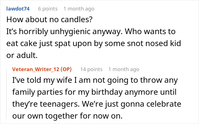 Reddit comments discussing birthday parties and candle hygiene concerns.