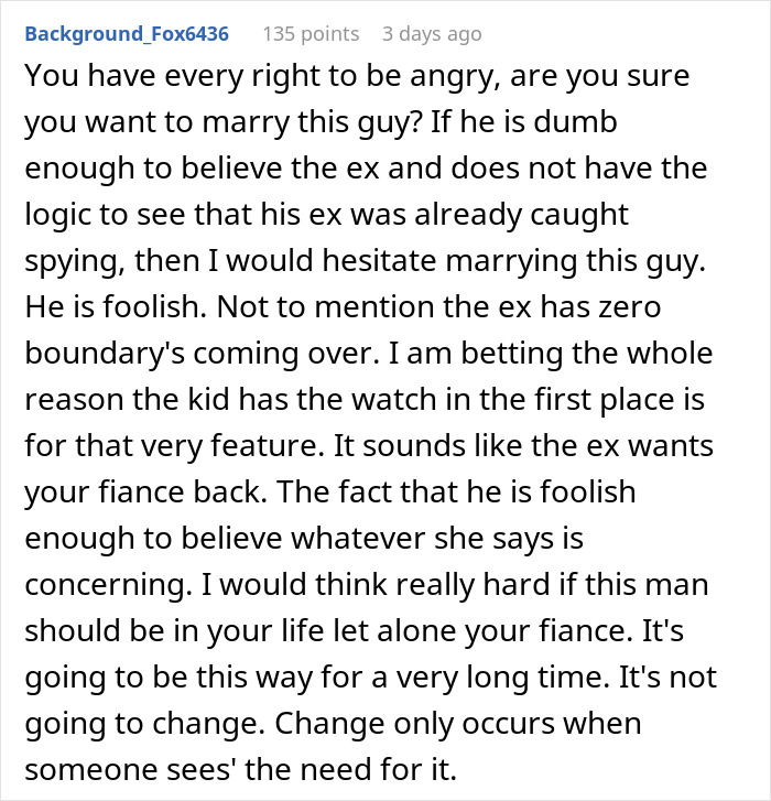 Comment discussing woman spying on ex-husband with Gizmo watch, expressing concerns about boundaries and relationship issues.