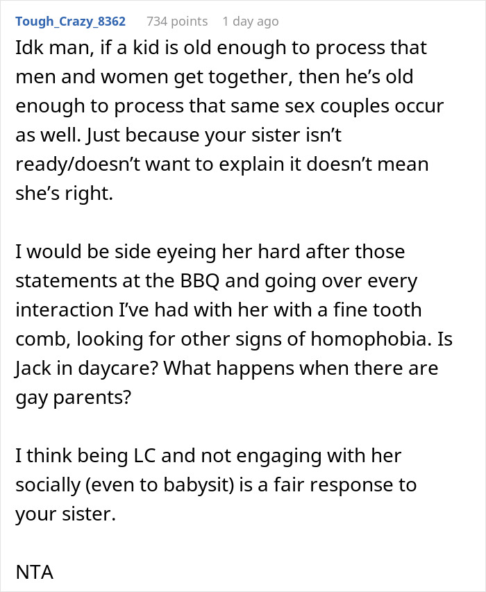 Reddit comment discussing family's views on same-sex couples and the decision to stop babysitting.