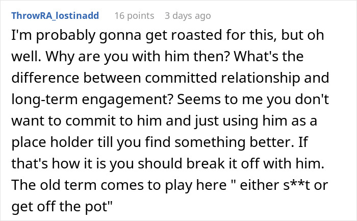 A Reddit comment discussing commitment issues in relationships with advice and candid opinions.