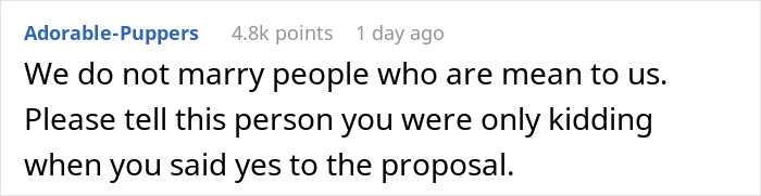 Comment about a marriage proposal in a fiancé surprise house prank discussion.