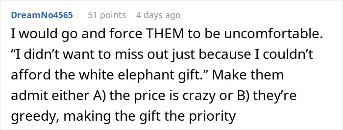 Screenshot of a comment discussing the high cost of a white elephant gift at a family Christmas party.