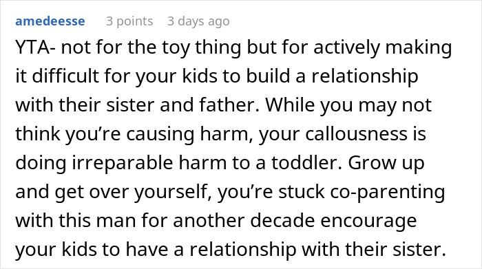 Reddit comment discussing a parent's decision regarding an affair child's Christmas gift.