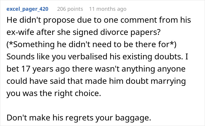 Screenshot of Reddit comment discussing ex-husband's regrets after a comment from ex-wife post-divorce.