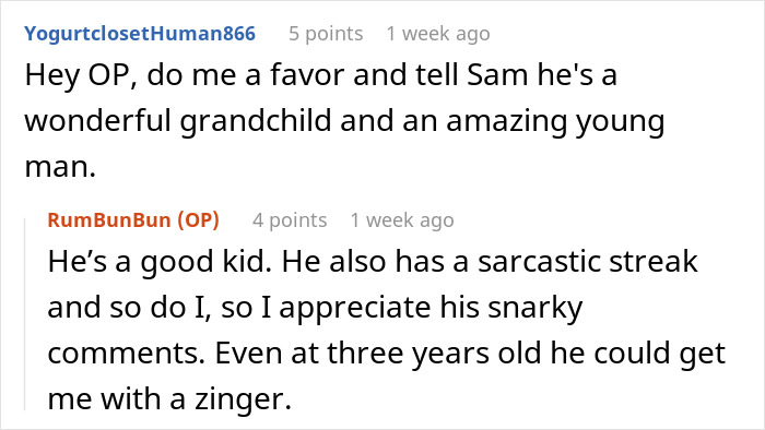 Reddit conversation praising a grandchild, highlighting the qualities of a young boy.