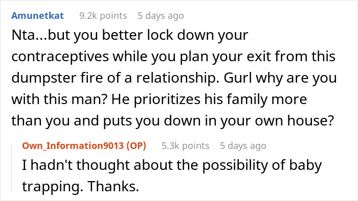 Reddit comments discussing a man's choice of toxic family over girlfriend, with concerns about relationship priorities.