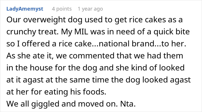 Text from a post about giving a dog rice cakes as a treat and a humorous mix-up with the MIL eating them.