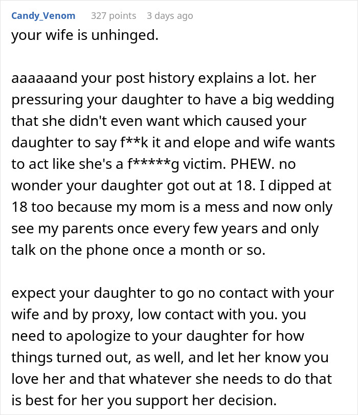 Text message screenshot about wedding day conflict over hair demands causing family tension.