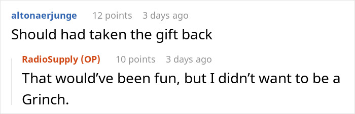 HR involvement after Secret Santa gift gone wrong in online comments exchange.